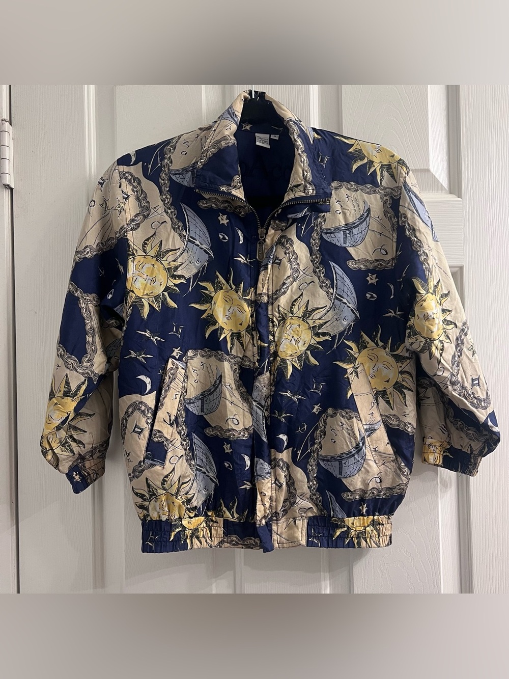 Vintage Coaco 100% Silk Celestial Sun Moon Zodiac Bomber Jacket M Mystic Cosmic